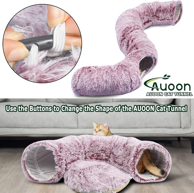 AUOON Cat Tunnel Bed for Indoor Cats - Large Cat Donut Tunnel with Hanging Ball Toy, Collapsible 2-in-1 Multifunctional Interactive Cat Toy for Kitten, Puppy, Rabbit, Ferret (Rosiness)