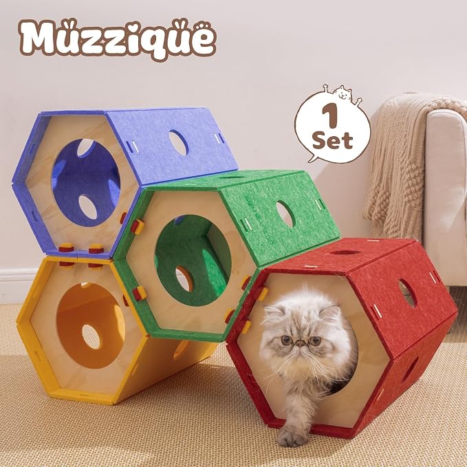 Cat Tunnel Bed for Indoor Cats, DIY Modular Felt Pet Tunnel Toy, 8 Way Hiding Large Rabbit Play Scratch House, Expandable Hideaway Peekaboo Kitten Cave, Hideout Cube, Washable Kitty Circle Tube, 1 Set