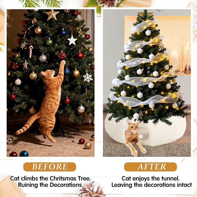 Thyle Christmas Cat Tunnel Bed Under Christmas Tree for Indoor Cats Xmas Pet Donut Tunnel with Cushion Foldable Round Pet Toy for Small Animals Kitten(3ft X 3ft X 9.8in,White,Plush)