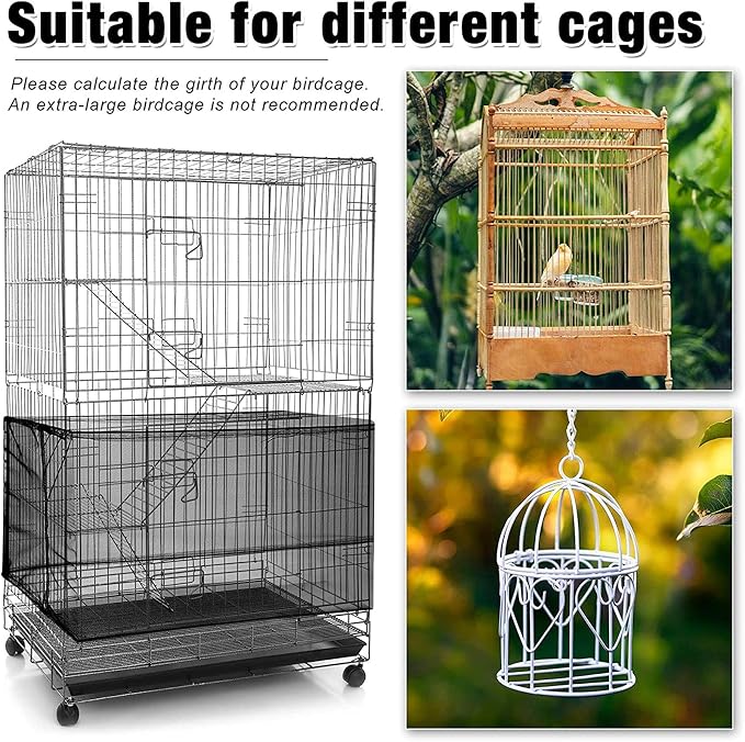Shappy 2 Pieces Adjustable Bird Cage Seed Catcher Birdcage Cover Nylon Mesh Netting Soft Skirt Guard for Parrot Parakeet Macaw Round Square Cage(118 x 14.6 Inch,Black)
