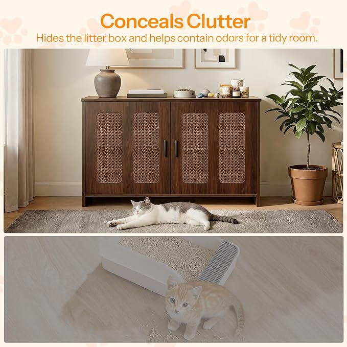 HOOBRO Farmhouse Cat Litter Box Enclosure, Hidden Litter Box Furniture with Side Entry & Vents, Litter Box Cabinet with Double Woven Doors, Side Table for Living Room, Bedroom, Walnut WL33MW01