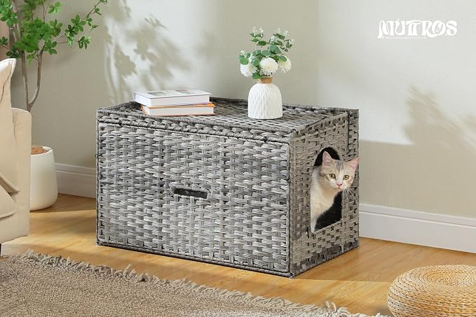 MUTTROS Rattan Cat Litter Box Enclosure Extra Large, Hidden Litter Box Furniture with Handwoven Wicker, Tall Doorway, Raised Edge Mat & Flip-Top Lid for Large Cats, Indoor Odor Control, Gray