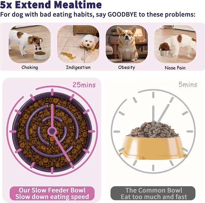 Elevated Slow Feeder Dog Bowl Large Breed, 8.8 Inch Ceramic Slow Eating Bowl with Bamboo Stand, Anti-Choking Raised Maze Design for Medium to Large Dogs, 3.2 Cup, Purple