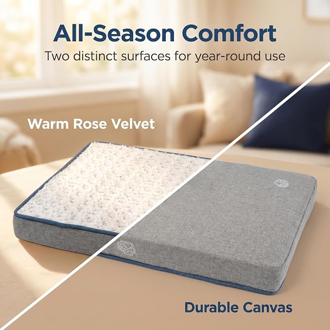 EMPSIGN Reversible Dog Bed Mat, Washable Pet Bed for Large Medium Small Dogs, Kennel Pad with Removable Cover, Bed Mattress for Crate Kennel, All Season Dual-Sided Plush & Canvas Pet Bed
