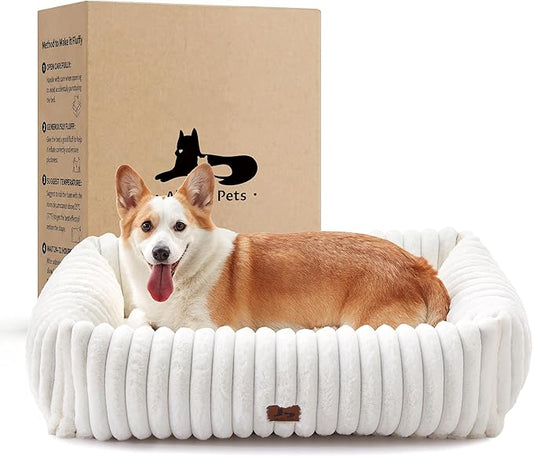 Dog Beds Large Sized Dog,Rectangle Orthopedic Pet Bed for Large Dog, Comfort Fluffy Memory Foam Dog Beds with Anti-Slip Bottom,Cream(35x25x9inchs)
