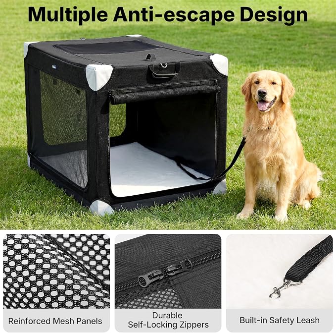 Veehoo Large Dog Crate for Indoor Outdoor, Portable Collapsible Travel Dogs Crate, 36 Inch Soft Foldable Pet Kennel with 4-Door Mesh Windows