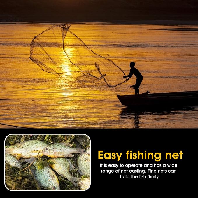 Nylon Multfilament Cast Net, 4FT/6FT/8FT/10FT/12FT American Style Hand Throwing Fishing Net with Zinc Plated Weights for Saltwater and Freshwater