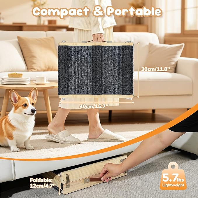 Pawaboo Foldable Dog Ramp, Small Dog Ramp for Couch, 4 Adjustable Height from 13'' to 21", Stable Pet Steps with Non-Slip Pad, Portable Pet Ramps Use for Couch Sofa Stairs, Wood