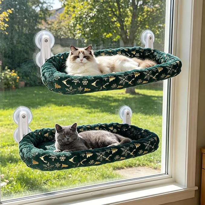 L&W BROS. 2-Pack Foldable Cat Window Perches with Christmas Cushion Bed Easy to Assemble Cats Hammock for Window, Warm Indoor Cat Beds for Large Cats, Edition(M Green)