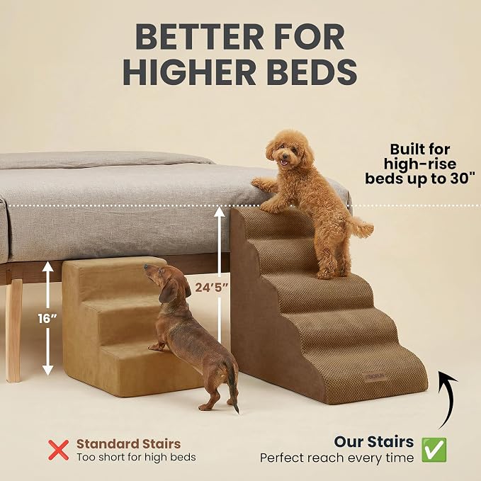 Dog Stairs for High Beds Up to 26-30", 5-Step Foam Pet Ramp with Washable Cover, Gentle Slope Steps, Bed & Couch Ladder for Small Medium Dogs & Senior Cat, Puppy Stairs to Get on Tall Furniture