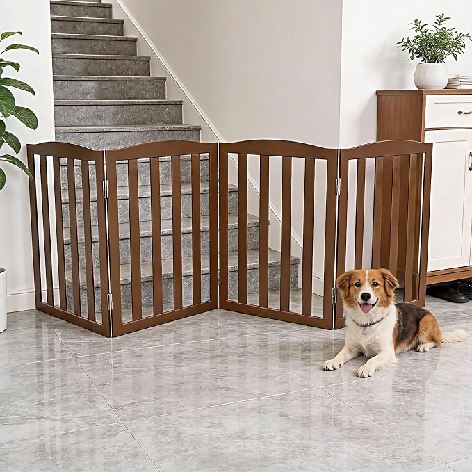Freestanding Dog Gate Indoor,Doggie Gate Foldable Pet Gates for Doorways,Stairs or Hallways, Wooden Brown Pet Gate for the House, Pet Fence,24 "Height-4 Panels