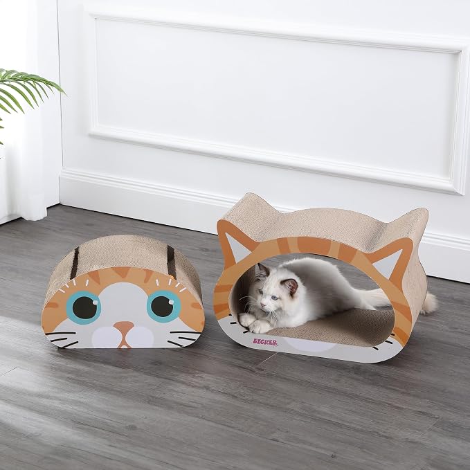 CSR1000C Opal 19" Modern Cardboard Happy Cat Head 2-in-1 Cat Cave Scratcher with Built-in Bell Toys and Catnip, Orange/Blue