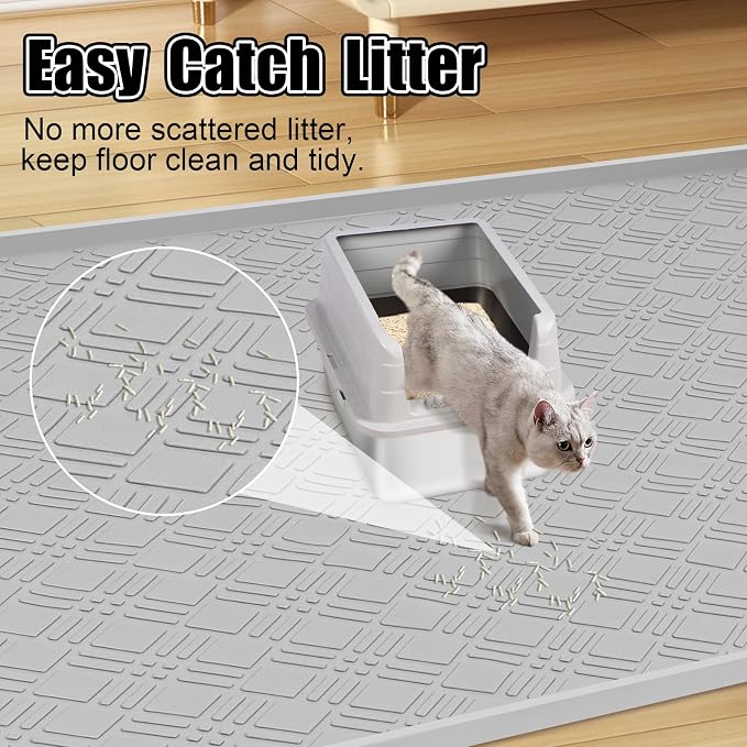 Silicone Cat Litter Mat, 42" x 29" Extra Large Litter Trapping Mat for Litter Box, Leak-Proof, Non-Slip, Kitty Litter Mats with Soft Texture for Floor, Keeping The Floor Clean (Light Grey)