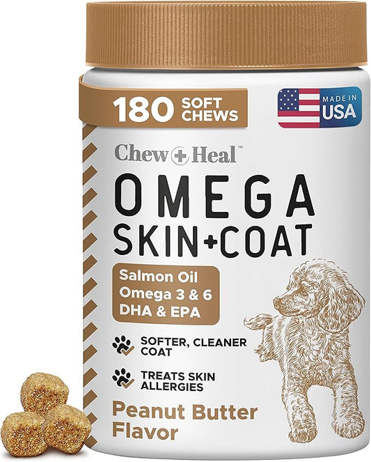 Omega 3 Fish Oil for Dogs, 180 Soft Chews - Salmon Oil Skin & Coat Supplement, Dog Allergy & Itch Relief, Hot Spots, Anti Shedding - EPA DHA Fatty Acids - Peanut Butter - Made in USA, Chew + Heal