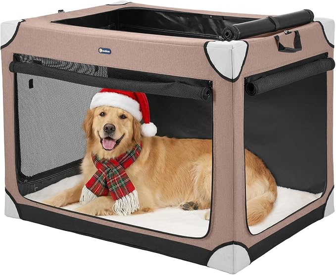 Veehoo Large Dog Crate for Indoor Outdoor, Portable Collapsible Travel Dogs Crate, 36 Inch Soft Foldable Pet Kennel with 4-Door Mesh Windows