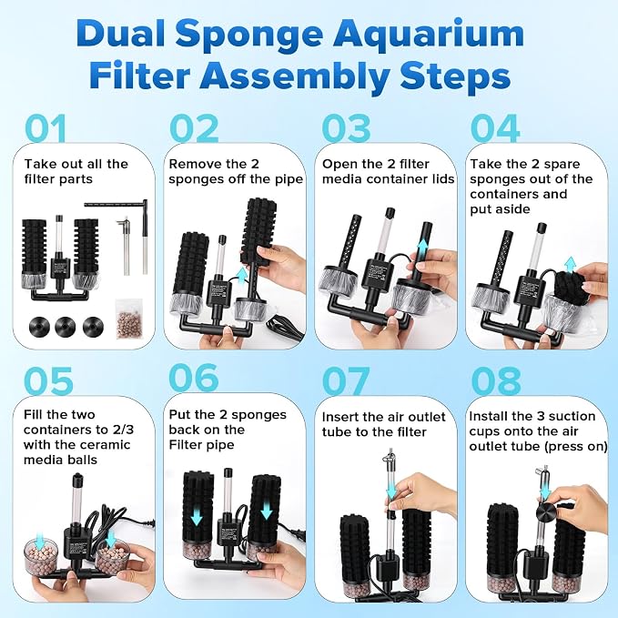 hygger Electric Aquarium Sponge Filter, 3.5W Quiet Fish Tank Filter Pump with 2 Spare Sponge & Bio Media Balls, Adjustable Outlet Venturi & Rain Mode(M for 10-40 Gal Fish Tank)
