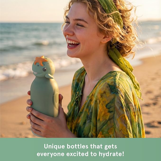 Asobu Bestie Bottle Limited Edition Collectible Kids Water Bottle with Animal Character Lid 16oz (460ml) Insulated Stainless Steel, Leakproof, Reusable with Straw Fun Gift for Girls & Boys