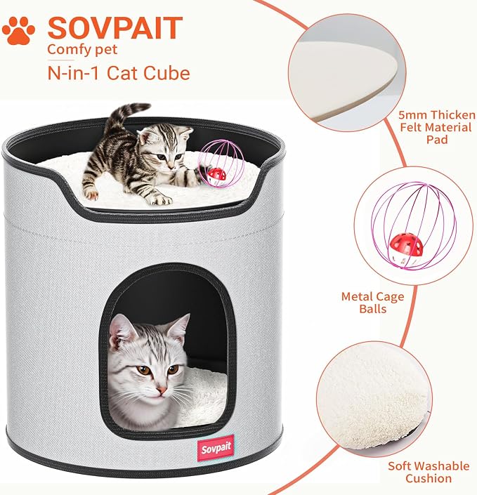 Cat House for Indoor Cats Large Double Cat Beds Cave with Cat Scratcher Pad Toys w/Catnip,Soft Washable Cushion Cat House Shelter D15xH15in Grey (Metal Cage Balls+5mm Pad)