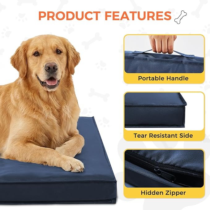 Outdoor Dog Bed for Medium Sized Dogs, Waterproof Dog Bed Medium, 36x27x3 Inch, Orthopedic Dog Bed with Removable Washable Cover, Flat Rectangle Pet Crate Pad for Kennel, Outside, Navy Blue