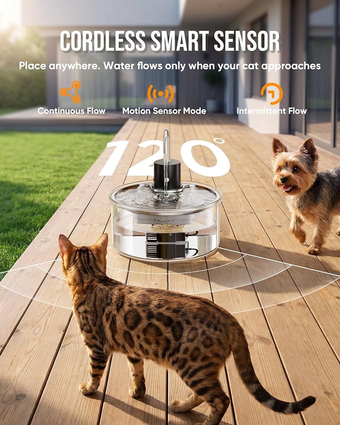 Wireless Cat Water Fountain Glass DIY - 108oz/3.2L Automatic Ultra-Quiet Cat Water Fountain Cordless, Glass Battery Operated Pet Fountain Rechargeable Water Dispenser for Cats, Puppy, Multiple Pets