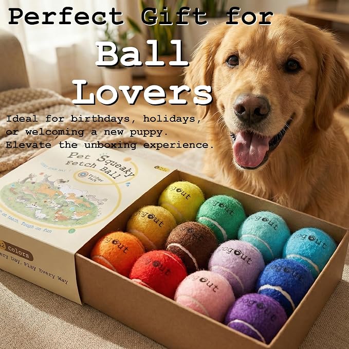 Squeaky Fetch Balls for Dogs, Rainbow Set Dog Toy, Multicolor Tennis Balls for Dogs, 12 Count Gift-Ready Dog Ball Box, 2 Inch Small