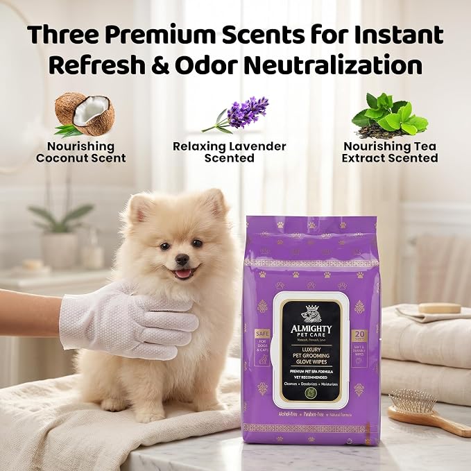 PET Cleaning Deodorizing Glove Wipes for Dogs & Cats, Vet Recommended Hypoallergenic Hydrating & Nourish Fur Pet Grooming Glove Wipes, Pet Bathing Wipes for Horse Coat Care,20pcs, Green Tea Scented