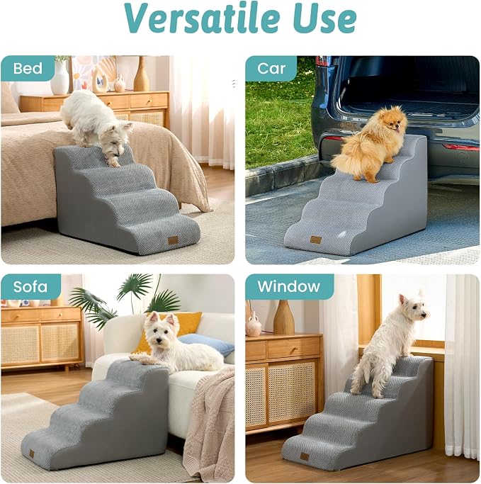 COZY KISS Wide Dog Stairs for Small Dog 19.7" H, Pet Step for Puppy, Older Cat, Curved Ramp for High Bed or Car, Stairs with High Density Foam, Lightweight, Durable, 4 Step, 17.7x28x19.7 inch, Grey