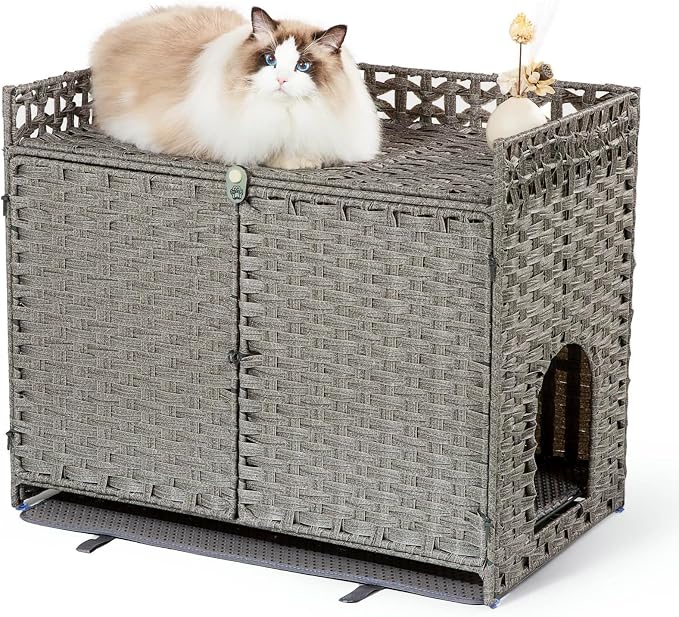 Furriends Cat Litter Box Enclosure with 2 Litter Mats, Hidden Litter Box Cabinet for Dust and Order Control, Litter Box Hider, Handwoven Rattan Cat House with Three-sided Fenced Top (Grey)