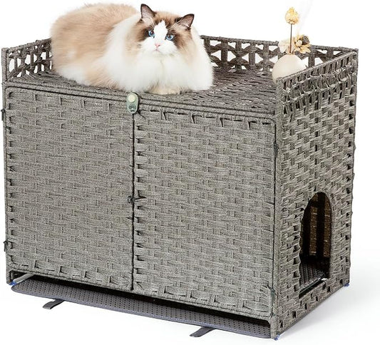 Furriends Cat Litter Box Enclosure with 2 Litter Mats, Hidden Litter Box Cabinet for Dust and Order Control, Litter Box Hider, Handwoven Rattan Cat House with Three-sided Fenced Top (Grey)