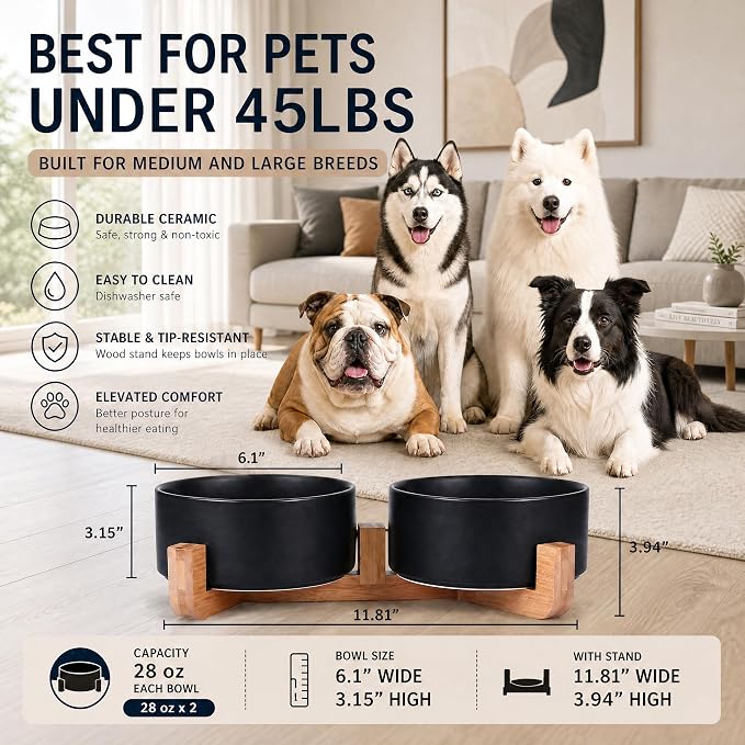 Petygooing Dog Bowls,Black Ceramic Cat Dog Bowl Set with Wood Stand for Pet Food and Water,Non-Slip Cute Modern Pet Dish Set for Cats Small and Medium Dogs (28OZ/6.1 in)