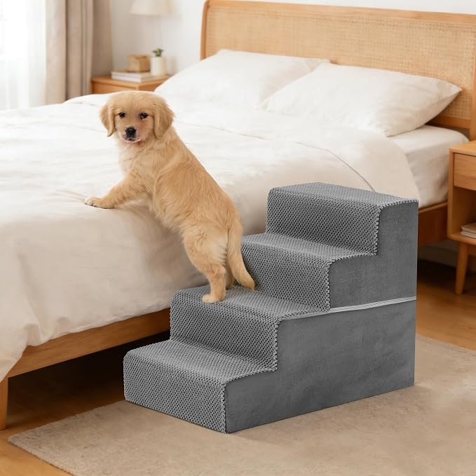 4-Step Dog Stairs for Large Dogs and Cats, 18in H Dog Steps for Couch, Sofa, Chair, Durable Non-Slip Sturdy Pet Steps, Pet Ramp for High Bed Indoor, Grey