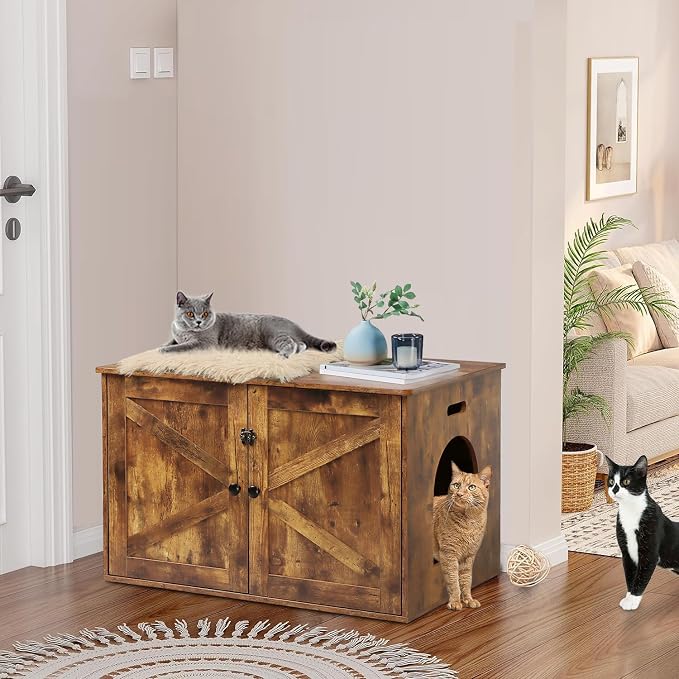Timberer Cat Litter Box Enclosure, Litter Box Furniture Hidden with Removable Divider, Wooden Cat Washroom Furniture, Indoor Cat House, Rustic Brown