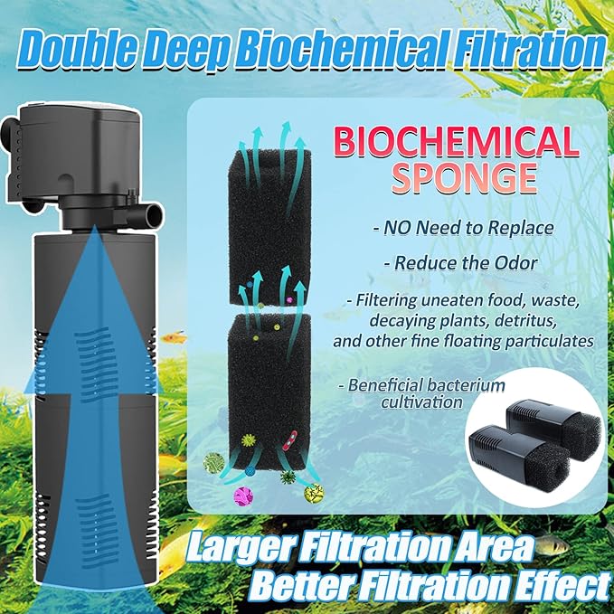 TARARIUM Aquarium Filter for 55-150 Gal. Tank Crystal 300GPH Biochemical Filtration Powerful Pump Submersible Internal Fish Tank Filters Large Tank Pond Clear Wavemaker Air Supply 4 in 1