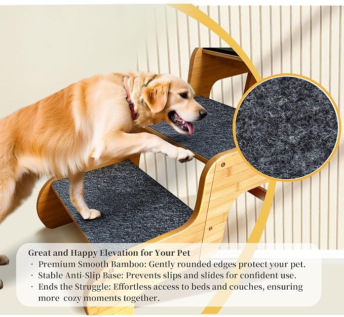 Dog Steps for Bed,Extra Wide Dog Stairs for Large Dogs，2-Step Bamboo Pet Ramp for Large Senior/Older Dogs or Pet Up to 160 Pounds Get to Couch Or High Bed (H:16 inch)