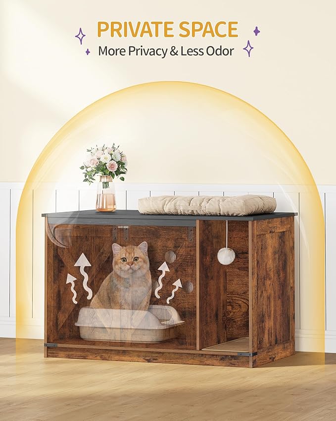 Hzuaneri Cat Litter Box Enclosure, Hidden Litter Box Cabinet Furniture with Bell, Indoor Cats House, Farmhouse Style, 39.4 x 21.7X 24.8 Inches for Hallway, Bedroom, Rustic and Black CB85201X