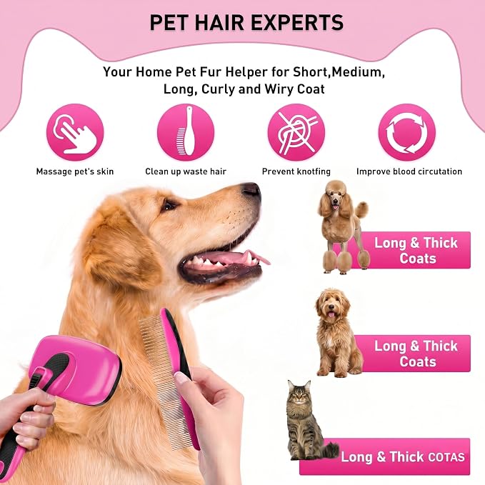 Self Cleaning Slicker Brush for Dog - 5 PCS Dog Brush Grooming Kit,Undercoat Rake Brush Comb for Small Large Dogs Cats, Dog Hair Brush Set, Grooming Deshedding at Home or Travel, Pink