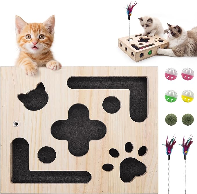 Cat Toys for Indoor Cats - Cat Nail File Box with Interactive Cat Toys, 2026 Upgraded Cat Puzzle Feeder Scratch Puzzle Toy for Indoor Cats, Natural Claw Care (Natural Wood)