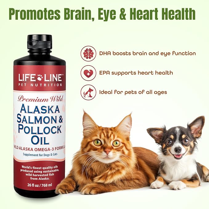 Lifeline Wild Alaskan Salmon Pollock | Omega-3 DHA & EPA Supplement for Dogs & Cats | Cold-Filtered Fish Oil for Brain, Eye & Heart Health | Moisture Replenishment for Pets | 26 oz