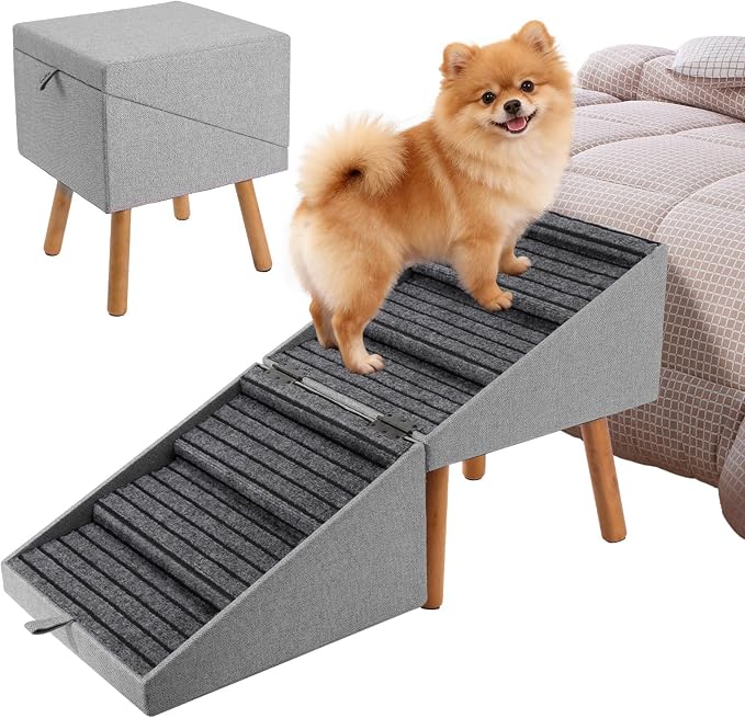 Dog Ramp for Bed & Couch, Dog Stairs 21.06 inches High for Large/Medium/Small Doggie, Foldable 2 in 1 Wooden Pet Steps for Puppy Older and Injured Dogs, Split Ottoman Design, No-Slip Surface