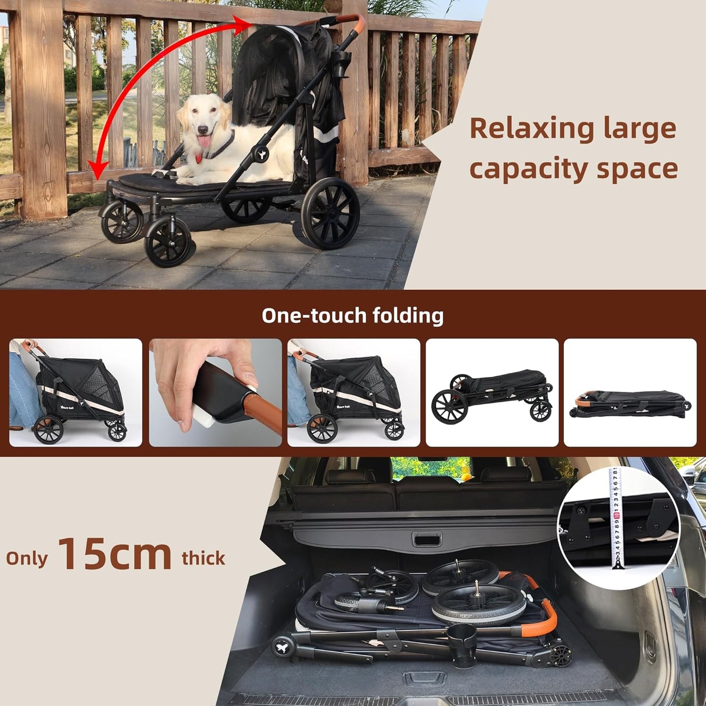 Dog Stroller for Large Dogs One-Click Folding 4 Wheel Foldable Dog Stroller for 2 Dogs with Storage Pocket Suitable for Pets Up to 110LBS (Black, Large)