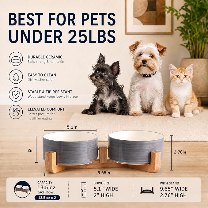 Petygooing Ceramic Cat Dog Bowl Set with Wood Stand, 13.5OZ/5.1 in, Grey White