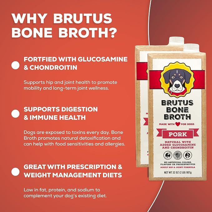 Brutus Bone Broth Liquid for Dogs | All Natural | Made in USA | Glucosamine & Chondroitin for Healthy Joints | Human Grade Ingredients | Hydrating Food Topper, Gravy & Treat (Pork, 2-Pack)