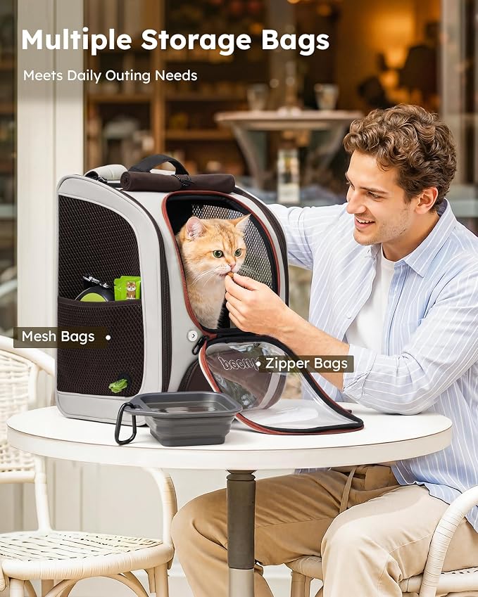 Pecute Cat Backpack Carrier,Large Space Cat Bubble Backpack,Ergonomic,Khaki | Color Blocking,Sunshade curtain,Folding bowl,Transparent window,Sturdy,Large mesh on both sides for breathability