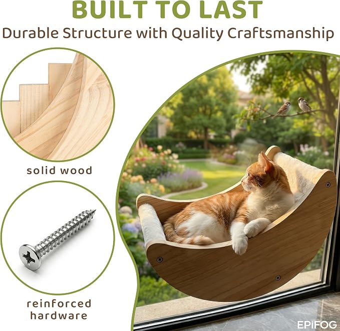 Cat Window Bed with Detachable Soft Cushion, Suction Cup Mounted Cat Window Perch, Solid Wood Window Hammock for Cats Inside, Indoor Resting Seat, White Cushion
