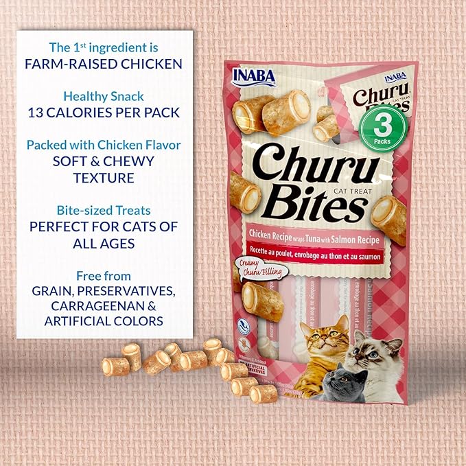 INABA Churu Bites for Cats, Soft Baked Chicken Churu Filled Cat Treats with Green Tea Extract, 0.35 Ounces Each Tube, 9 Tubes Total, Tuna with Salmon Recipe