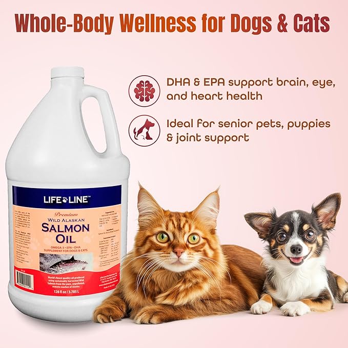 Life Line Wild Alaskan Salmon Oil for Dogs & Cats | Omega-3 Fish Oil Supplement for Skin Health, Shiny Coat & Joint Support – 128 oz