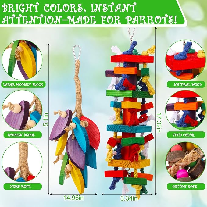 Soulchen 4 Pcs Extra Large Bird Parrot Toy Set Natural Wooden Chewing Toy, Rattan Ball, Wood Nut Loofah String (Bagged) for Large Macaws, African Grey, Parrots (Wood Leaf)