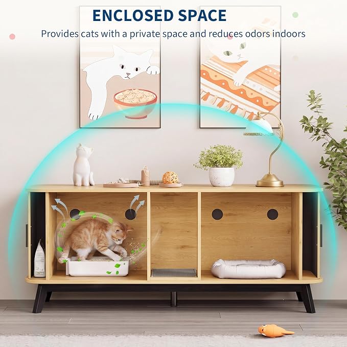 Garvee Cat Litter Box Enclosure for 2 Cats, 59" Hidden Litter Boxes Furniture with Sliding Door and Cat Litter Mat, Large Indoor Pet House, Wooden TV Stand Side Table, Natural Wood Color