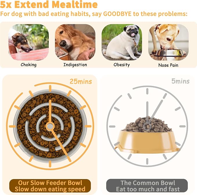 Elevated Slow Feeder Dog Bowl - Ceramic Maze Food Dish with Bamboo Stand - Raised Feeding Bowl for Fast Eaters Small and Medium Dogs - Grey
