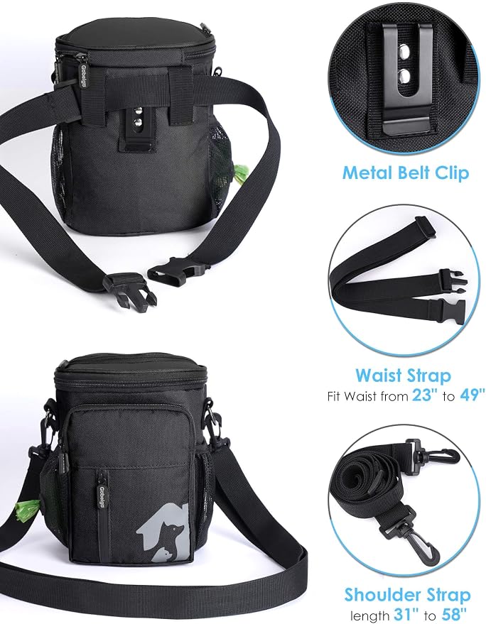 Gobeigo 8 Cup Dog Treat Pouch and Training Clicker, Dog Walking Bag with Phone Holder, Built-in Poop Bag Dispenser, 3 Ways Wearable Pet Fanny Pack for Outdoor Travel (Full Black)